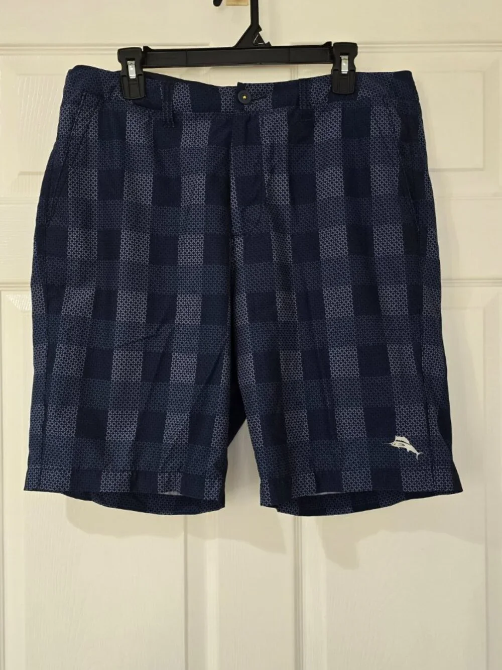 Tommy Bahama Men's Plaid Performance Flat Front Shorts Marlin Logo Blue Sz 34